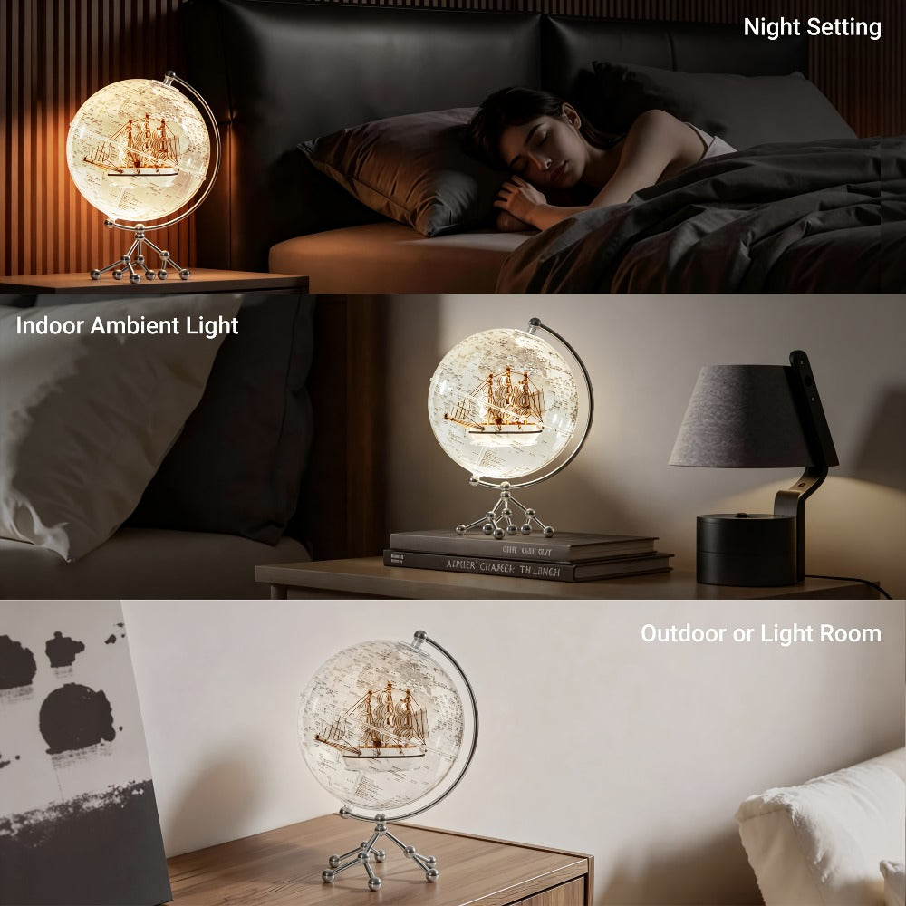 Illuminated Clear Acrylic Sailing Ship Globe Lamp, 7.87-Inch Sphere with Warm Light and Metal-Look Stand