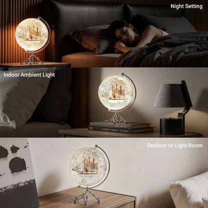 Illuminated Clear Acrylic Sailing Ship Globe Lamp, 7.87-Inch Sphere with Warm Light and Metal-Look Stand