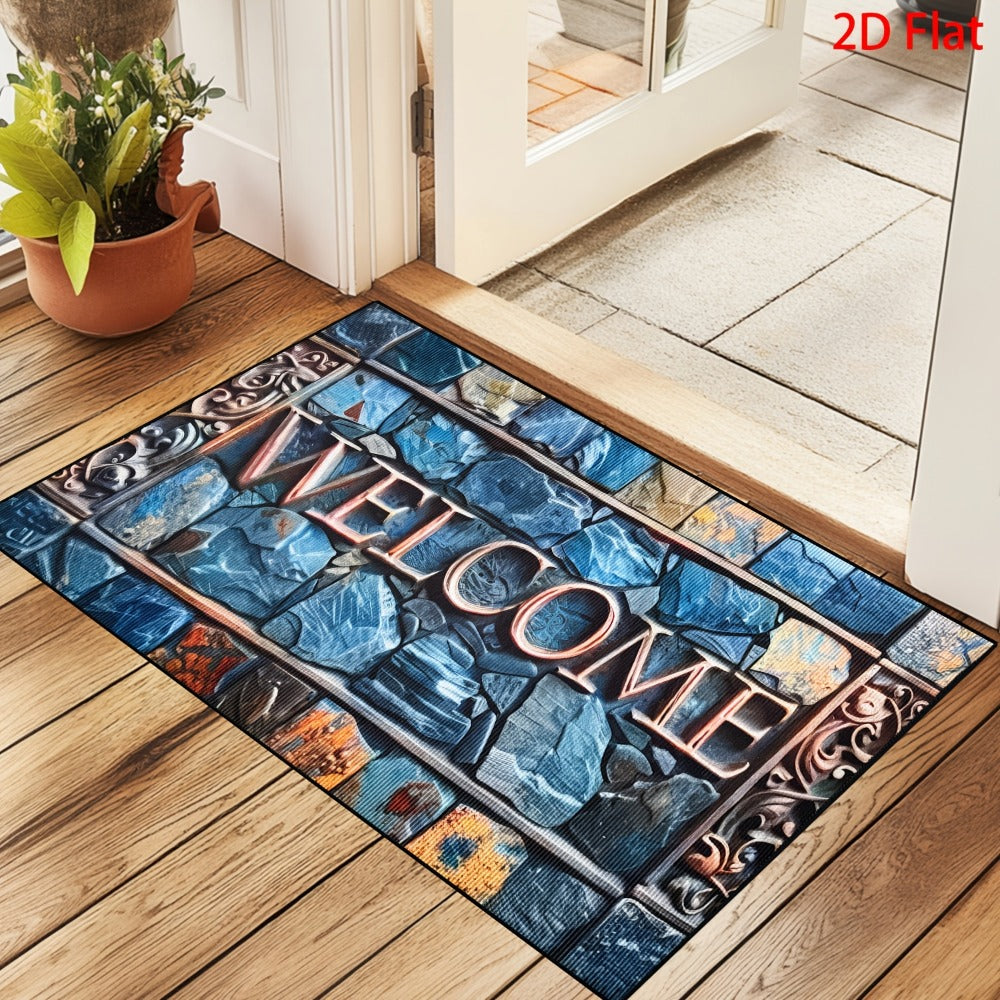 Non-Slip Welcome Doormat Stone Pattern Entrance Carpet Indoor Outdoor Floor Mat