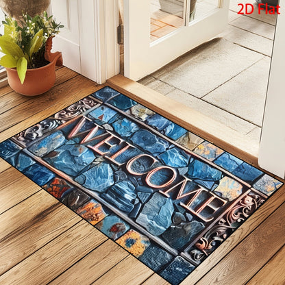 Non-Slip Welcome Doormat Stone Pattern Entrance Carpet Indoor Outdoor Floor Mat