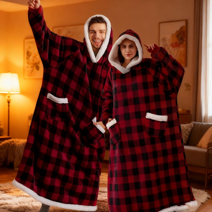 Plaid Fleece Wearable Hooded Blanket – 400gsm Warm Cozy Oversized Hoodie Bedspread, Machine Washable, 4 Colors, 70" Length