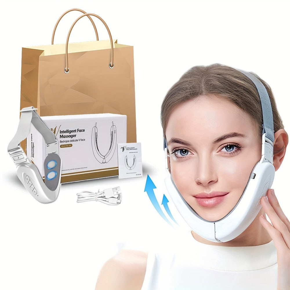 Pink Foldable Face and Neck Massage Wrap with Adjustable Band, Dual Contact Pads and Rechargeable Control Module