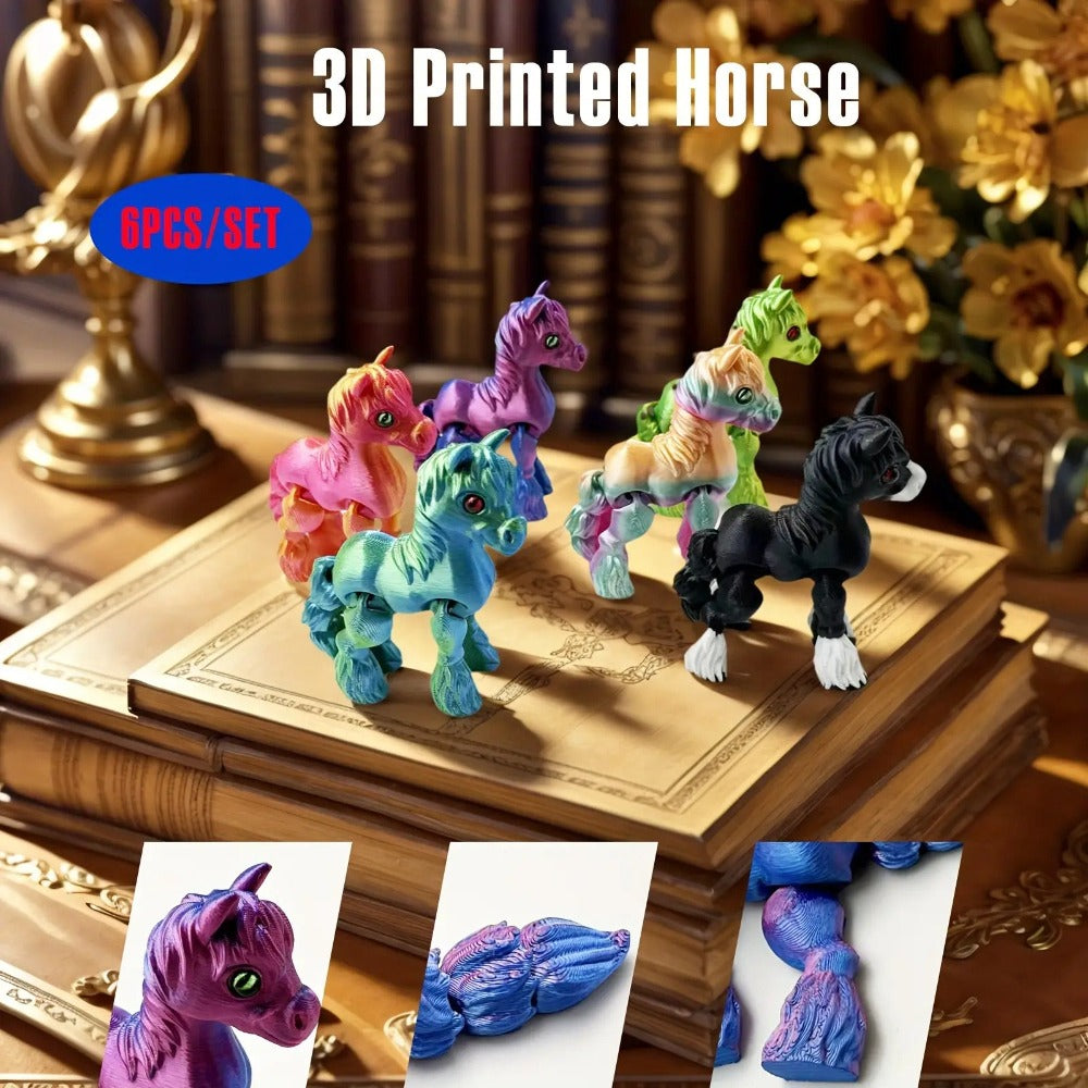 Six-Piece 3D-Printed Horse Figurine Set with Articulated Legs in Six Bright Color Designs for Desk Display