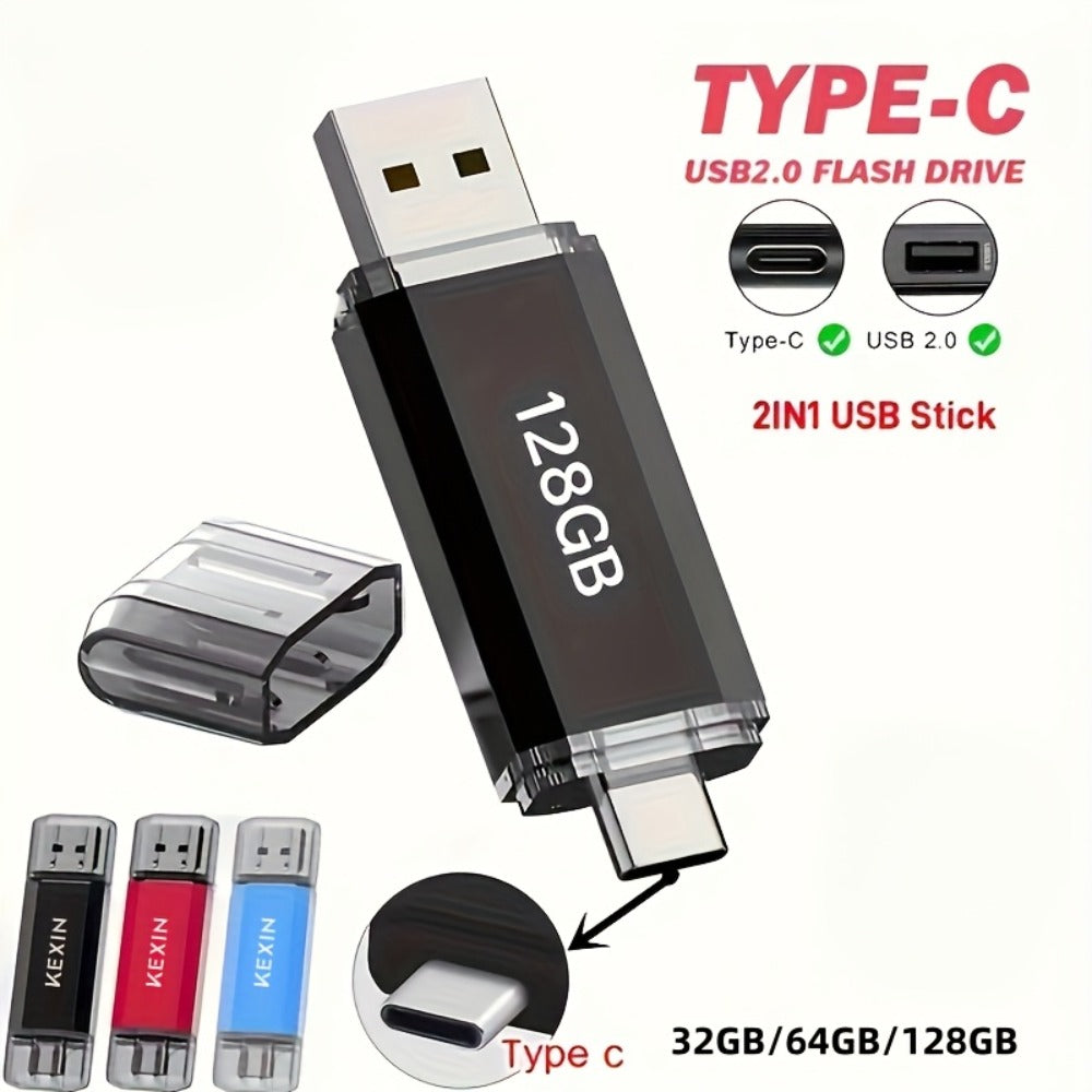 USB Flash Drive KEXIN 2-in-1 USB 2.0 and Type-C Rotating Memory Stick in 32GB, 64GB or 128GB