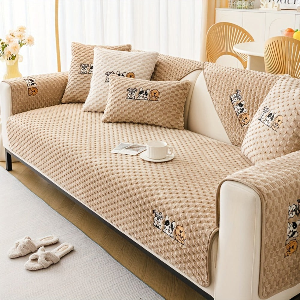 Sofa Cover, Honeycomb Velvet Animal-Embroidered Couch Pad with Non-Slip Backing in Three Colors