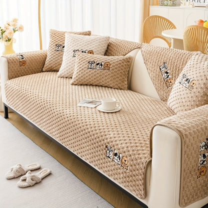 Sofa Cover, Honeycomb Velvet Animal-Embroidered Couch Pad with Non-Slip Backing in Three Colors