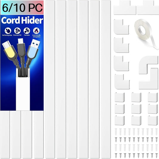 Cable Raceway Cord Hider for Wall Paintable White Self-Adhesive No-Drill – Wire Hiding Channel 0.95"W x 0.55"H for TV Home Office Desk Baseboard, Snap-On Cover, 6-Piece or 94"/157" Sets