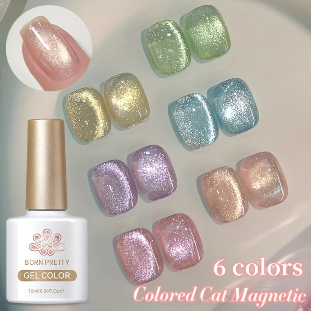 Gel Nail Polish BORN PRETTY 6-Piece Flowing Cat-Eye Set with Six 10ml Magnetic Bottles for Nail Art