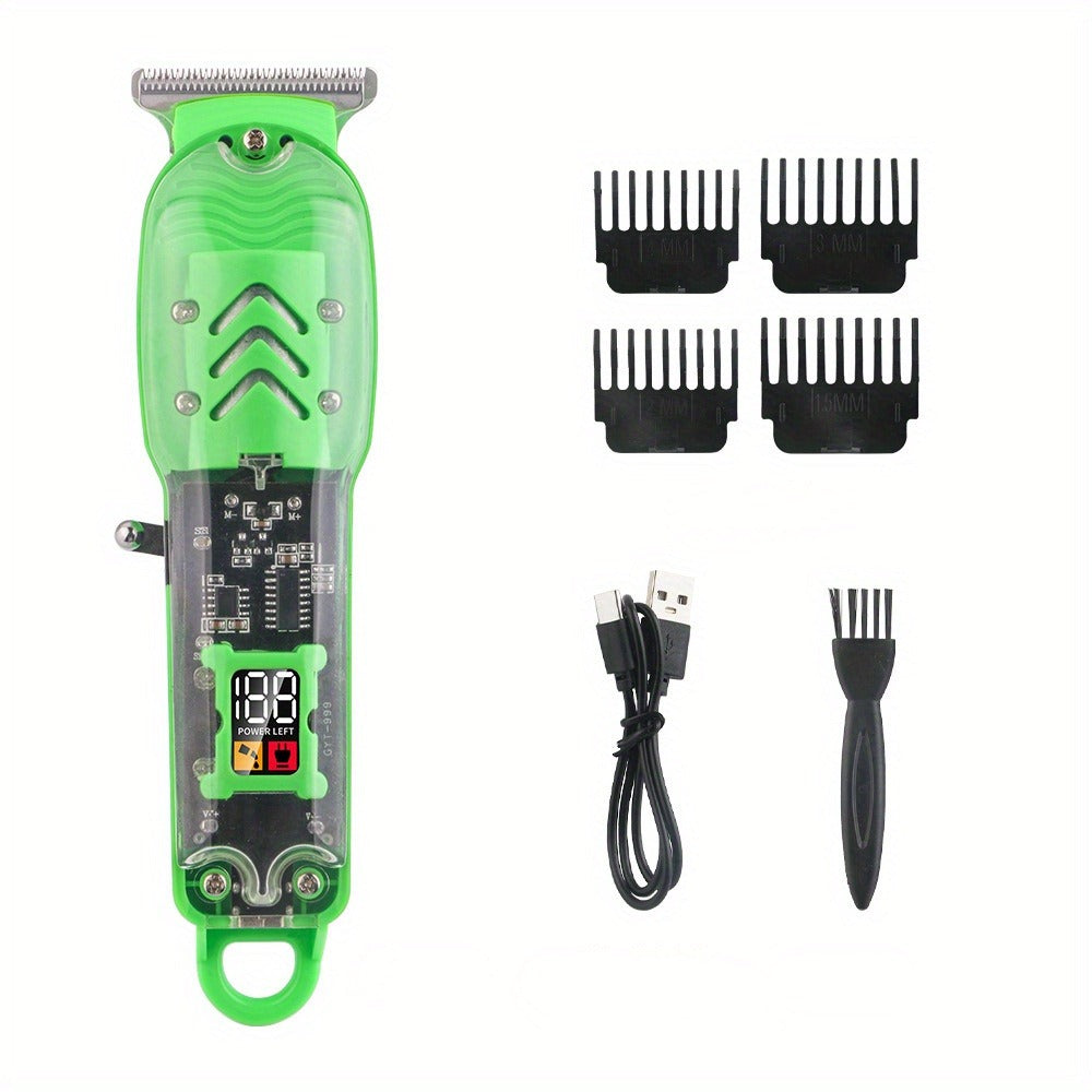 Hair Clipper Transparent-Shell Cordless Trimmer with LED Battery Display, USB Charging and Five Colors