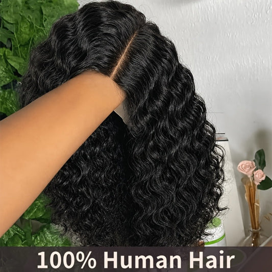 Brazilian Deep Wave Bob Wig 4x4 Lace Front Human Hair – Glueless Pre-Plucked Pre-Cut Short Curly Bob Bouncy Curls Natural Hairline Beginner Friendly 12 Inch 1B Natural Black