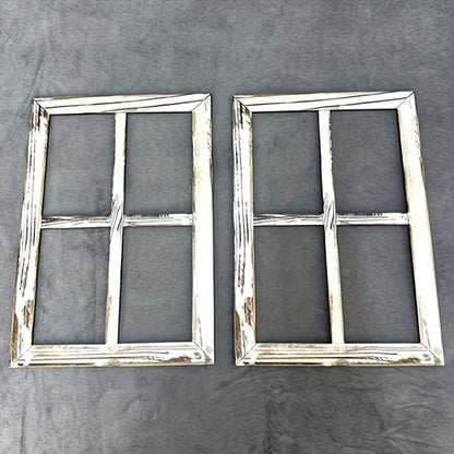 Distressed Wood Window Frame Wall Decor, Two-Piece Set in Rectangular or Arched Styles without Glass