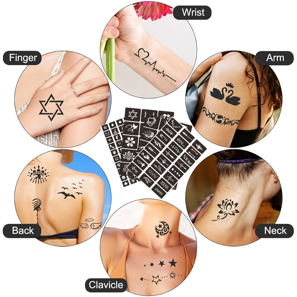 Double-Ended Tattoo Pen Set 10 Pcs with 114 Templates & Butterfly Stickers — Waterproof Sweat-Resistant DIY Temporary Body Art Kit for Parties, Festivals, Halloween & Gifts