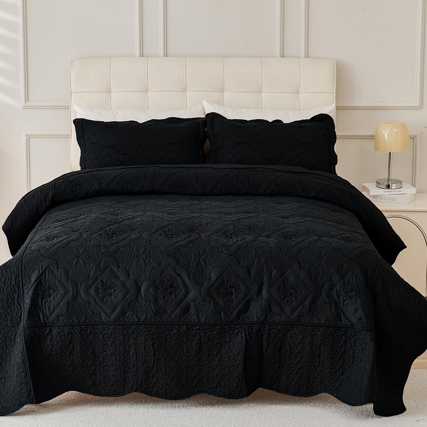 Quilt Set 3 Piece Floral Embroidery Bedspread - 100% Polyester Wrinkle Resistant Lightweight Quilted Coverlet with 2 Pillow Shams for Full Queen King Bed, Elegant Bedroom Decor in 19 Colors