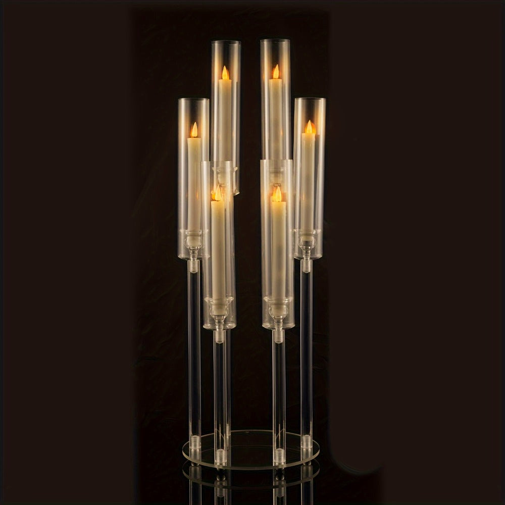 Clear Acrylic Six-Arm Candelabra with 68cm Height, 22cm Round Base and 2-, 4-, 10-, 12- or 20-Piece Options