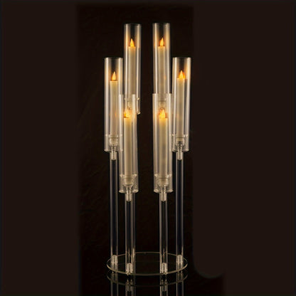 Clear Acrylic Six-Arm Candelabra with 68cm Height, 22cm Round Base and 2-, 4-, 10-, 12- or 20-Piece Options