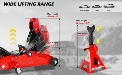 Hydraulic Floor Jack Kit 2/2.5/3 Ton Low Profile Trolley Jack with Jack Stands, Tire Repair Kit, Wheel Wrench & Wheel Chock Combo - Red/Blue