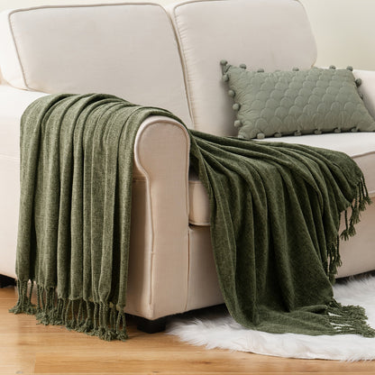 Chenille Fringe Throw Blanket – 180-200gsm Velvety Soft Decorative Throw for Sofa & Couch, Home Decor, 50”×60”, 17 Colors