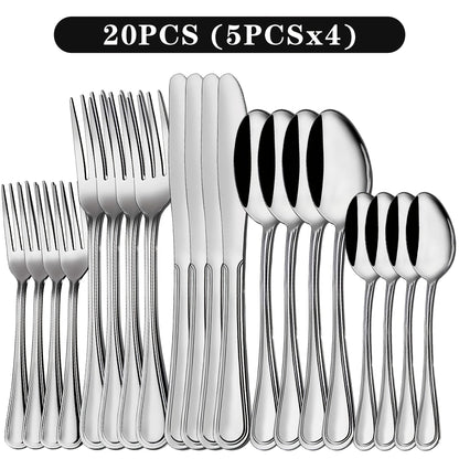 Stainless Steel Flatware Cutlery Set – Mirror Polished, Dishwasher Safe, Silver & Black Options, Service for 4 / 8 / 12 – Kitchen Utensil Set for Home, Restaurant & Wedding Gift