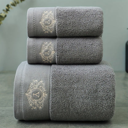 Three-Piece Towel Set with Two Hand Towels and One Bath Towel in Four Embroidered Color Options