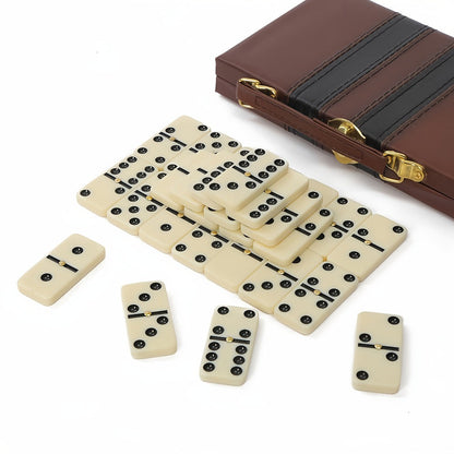 Extra-Large Double-Six Domino Set with 28 Ivory-Color Tiles, Center Spinners and Brown Storage Case