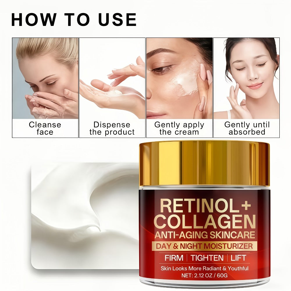 Two-Jar Day and Night Face Moisturizer Set with Retinol + Collagen Package Label and 60 g Jars