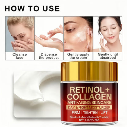 Two-Jar Day and Night Face Moisturizer Set with Retinol + Collagen Package Label and 60 g Jars