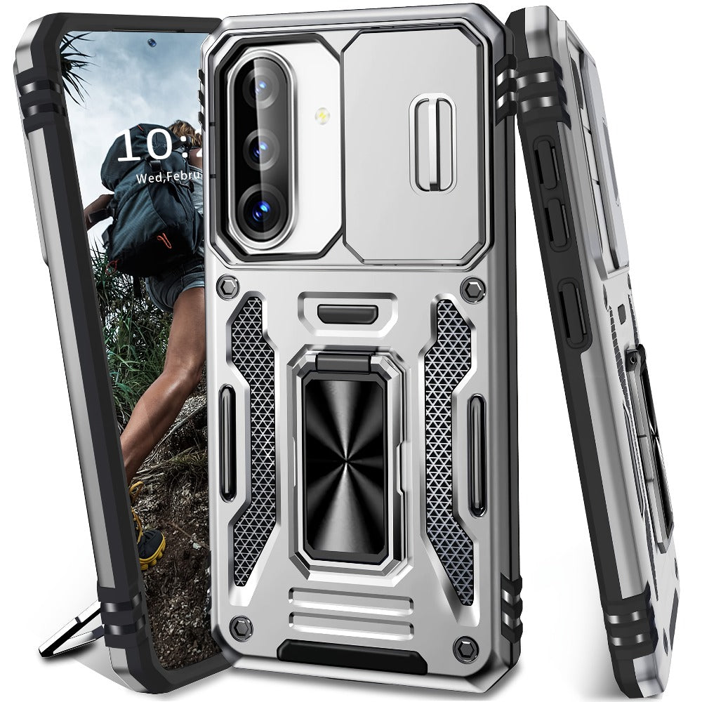 Samsung Galaxy Shockproof Magnetic Phone Case with 360° Rotating Ring Bracket & Sliding Lens Protector – Heavy Duty Cover for S24FE S23FE S22 S21FE Ultra A55 A54 A35 A34 A25 A24 A16 A15 A14 A06 A05 A05S 5G
