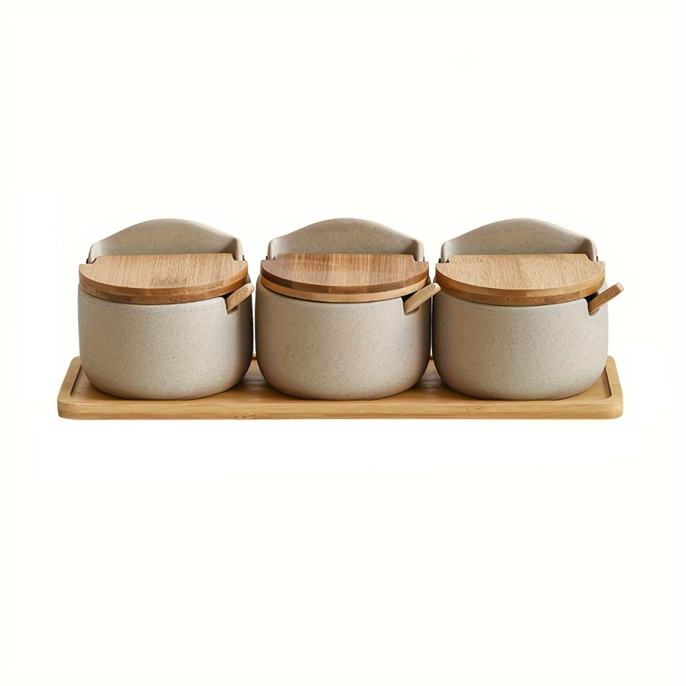 Ceramic-Style Seasoning Pot Set with Lids, Spoons and Tray in One-, Two- or Three-Piece Configurations
