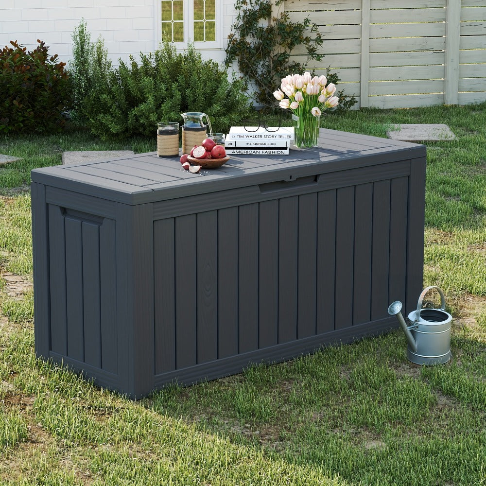 Large Resin Deck Box Lockable Outdoor Storage 80/100 Gallon – 345L UV Protected Weatherproof Patio Storage Box | Sit-On Lid Deck Storage Chest for Pool Accessories, Garden Tools & Outdoor Gear