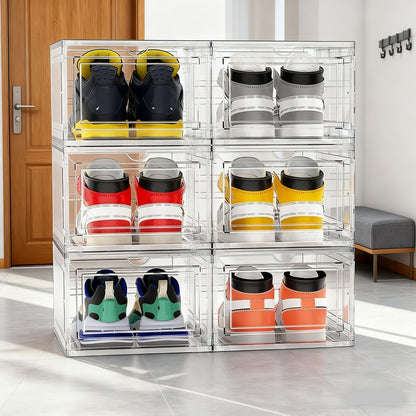 Clear Stackable Shoe Storage Boxes 6/12 Pack XX Large Hard Plastic Organizer for Size 12 Sneakers Closet White