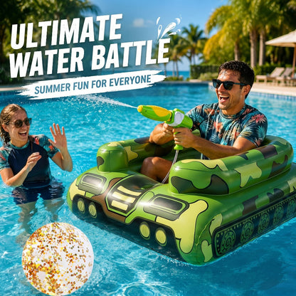 Ride-On Inflatable Pool Floats in Yellow Duck or 60-Inch Green Tank Styles with 16-Inch Beach Ball