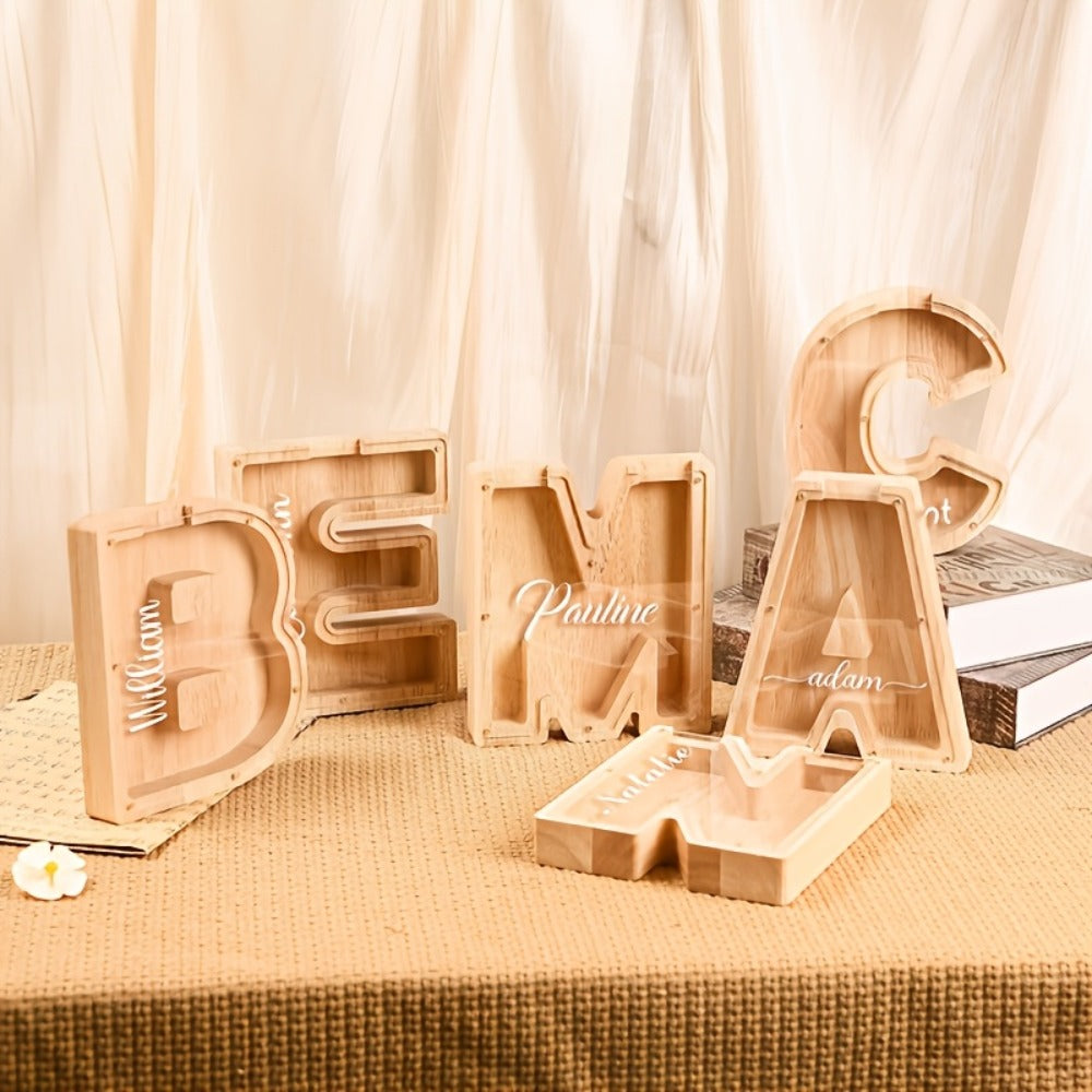 Alphabet Wooden Money Bank with Clear Front Panel, Coin Slot and A-to-Z Letter Options for Adults