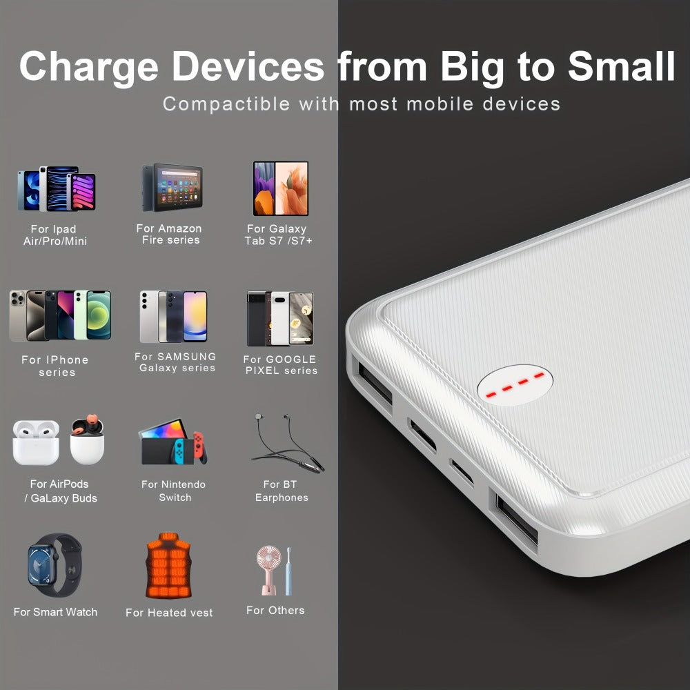10000mAh Slim Power Bank with 5V/2A Marking, Dual USB-A Outputs and Black or White Color Options