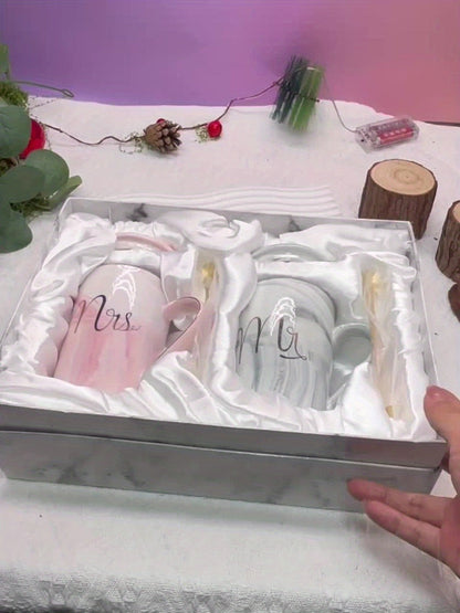 Mr and Mrs Mug Gift Set with Two 14 oz Grey and Pink Cups, Matching Spoons and Presentation Box