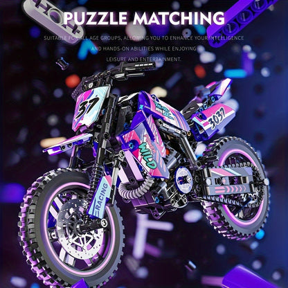 Building Block Set Off-Road Motorcycle Model, 476-Piece Purple and Black Bike with Display Dimensions and Instructions