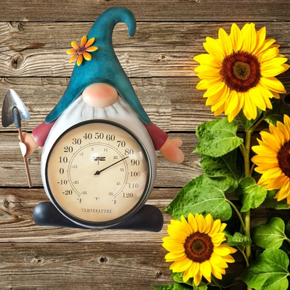 Metal Gnome Analog Thermometer Wall Decor with Teal Hat, Flower Accent and Round Temperature Dial
