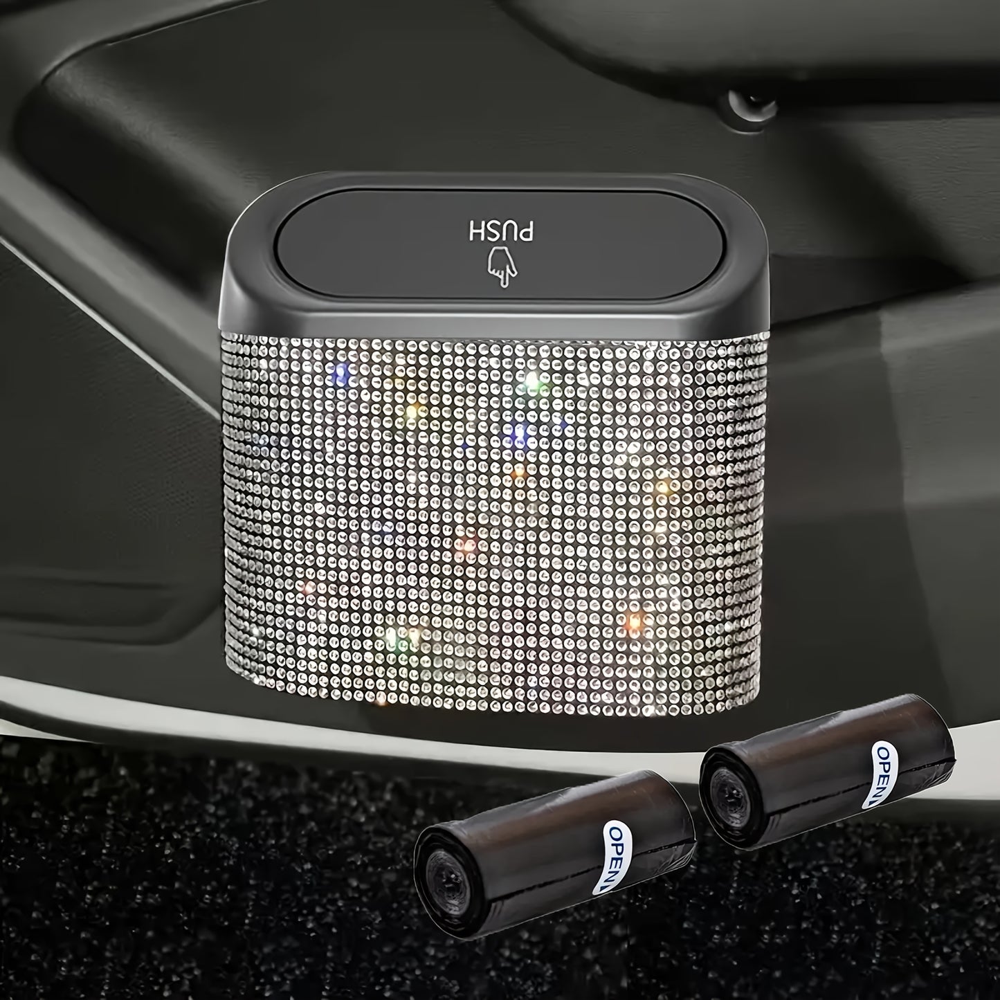 Car Trash Can with Lid & Rhinestone Bling – Hanging Leakproof Auto Garbage Bin with 2 Trash Bags, Concealed Interior Storage for Vehicle Door, Seat Back, Home & Office (3pcs Set)