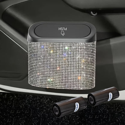 Car Trash Can with Lid & Rhinestone Bling – Hanging Leakproof Auto Garbage Bin with 2 Trash Bags, Concealed Interior Storage for Vehicle Door, Seat Back, Home & Office (3pcs Set)