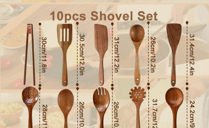 Wooden Spoons for Cooking 10 Pcs – Teak Wood Kitchen Utensils Set, Non-Stick Safe Spatulas & Spoon Cooking Tools