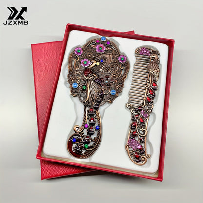 Decorative Peacock Comb and Handheld Mirror Two-Piece Set in Four Image-Bound Design Options