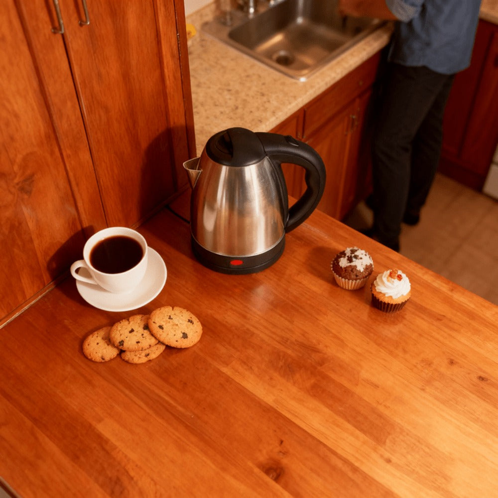 Electric Kettle by LONGADS, 2L 1000W Stainless Steel Body with Seamless Interior and Black Trim