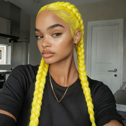 13x4 Braided Lace Front Wig for Women 26 Inch 250% Density — Synthetic Braid Wig with Baby Hair, Rainbow Colors Blue Pink Yellow 613 Black, Heat Resistant for Party Cosplay