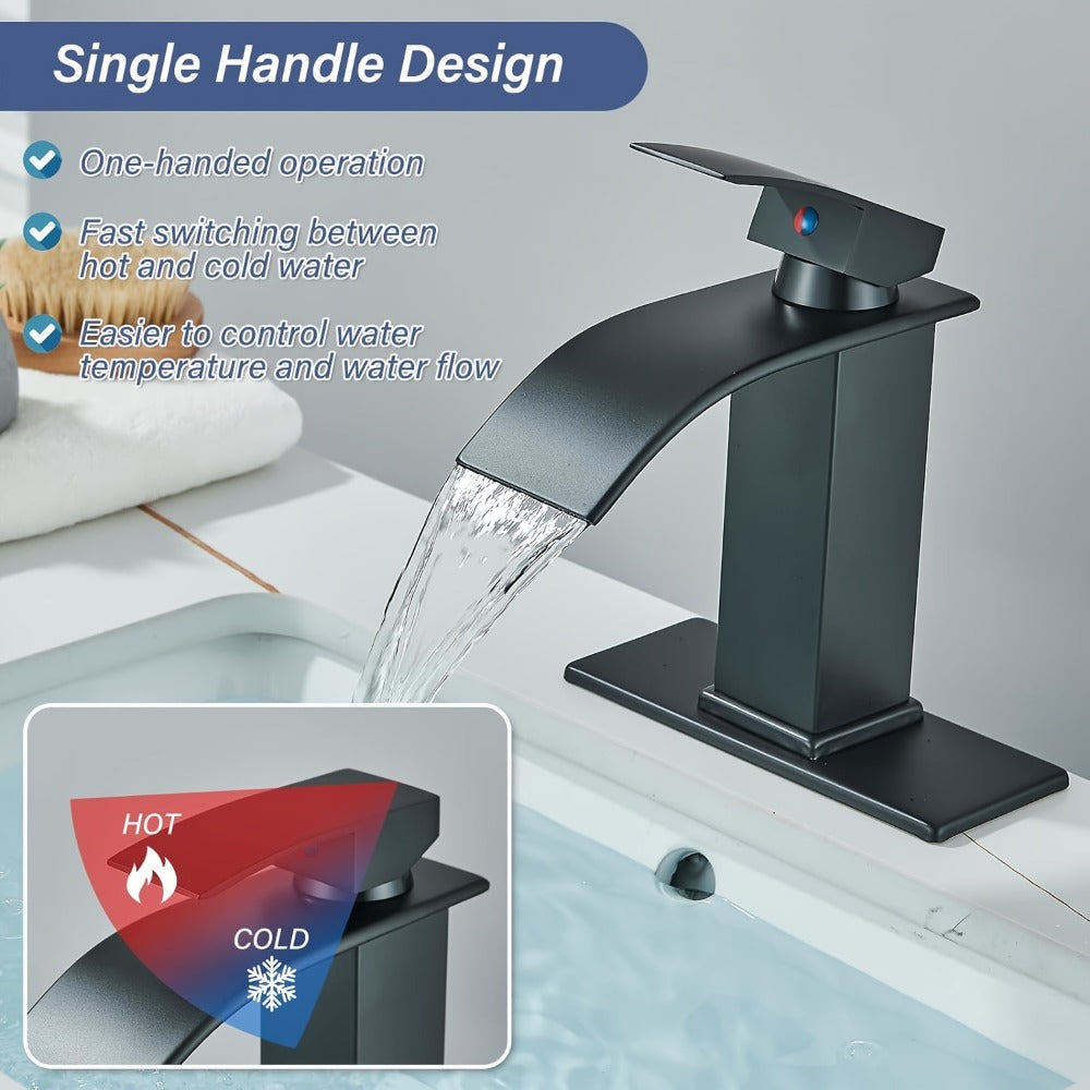 Single-Handle Waterfall Bathroom Faucet with Deck Plate, Drain Options and Single or Two-Piece Finishes