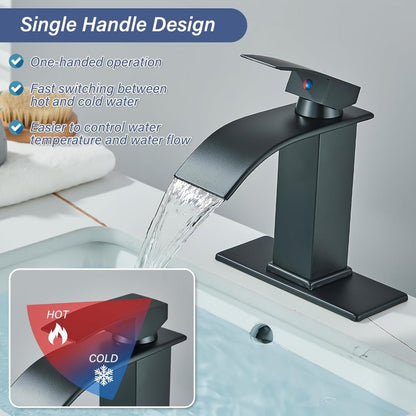 Single-Handle Waterfall Bathroom Faucet with Deck Plate, Drain Options and Single or Two-Piece Finishes