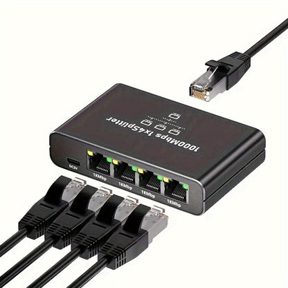 4-Port Ethernet Splitter USB Powered - 1 to 4 RJ45 Network Hub Adapter, Connect 4 Devices Simultaneously, Plug and Play LAN Port Expander for Home Office Gaming Smart TV NAS IP Camera