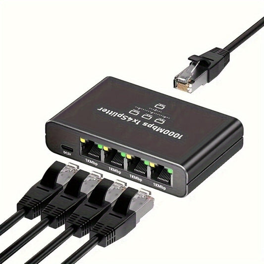 4-Port Ethernet Splitter USB Powered - 1 to 4 RJ45 Network Hub Adapter, Connect 4 Devices Simultaneously, Plug and Play LAN Port Expander for Home Office Gaming Smart TV NAS IP Camera