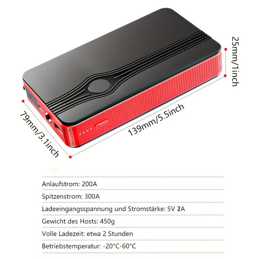 Portable Car Jump Starter Power Bank 200A Peak – 12V Emergency Battery Booster for Gas Engines Under 2.0L, USB & Type-C Charging, LED Light, Lithium Battery, Compact 460g Design