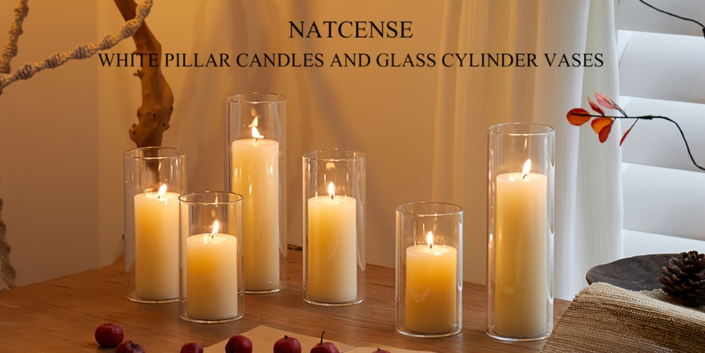 Pillar Candles with Clear Glass Hurricane Holders – Unscented White Cylinder Candles & Vases for Wedding Centerpieces, Party Tables, Home & Office Decor, Bulk Set 24 or 48 Pieces