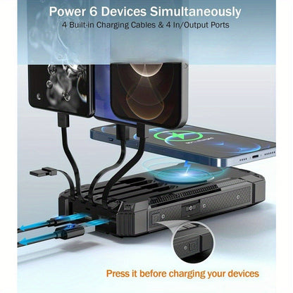 32800mAh Solar Power Bank 6 Outputs Wireless Charger – 4 Built-In Cables Dual Flashlights 15W Fast Charging, 32800 38800mAh External Battery Pack for Travel Camping GPS Emergency iPhone 17 Android