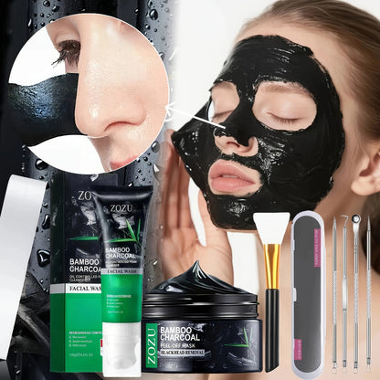 Skincare Set with ZOZU Label, 4 Bamboo Charcoal Items Including Cleanser Mask Essence and Brush Tool